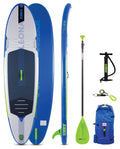Inflatable Leona 10.6 paddle board by Backcountry Sportsman, shown deflated with carrying bag and pump for outdoor water adventures.