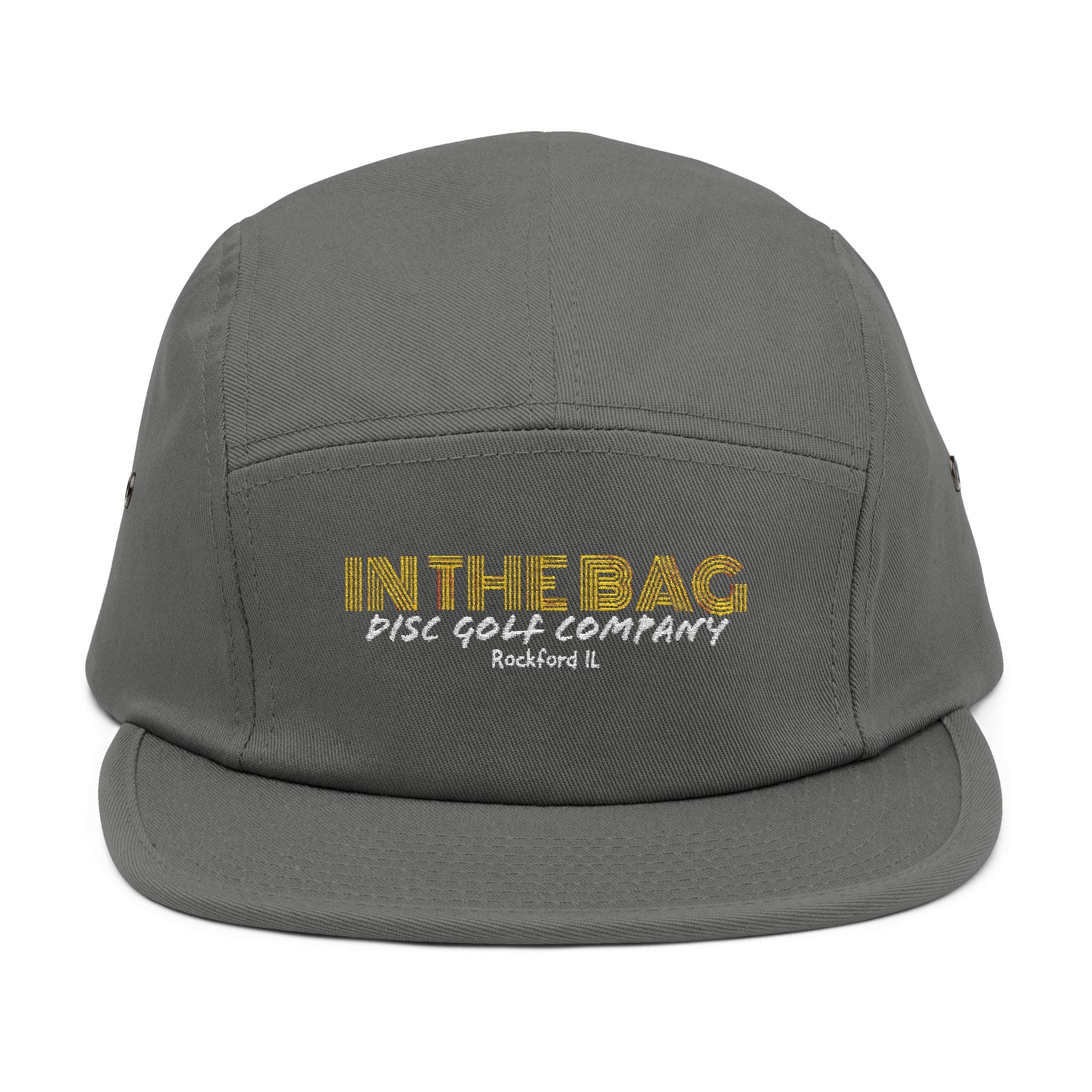 In The Bag Disc Golf Company 5-panel embroidered cap, featuring a stylish design and adjustable strap.