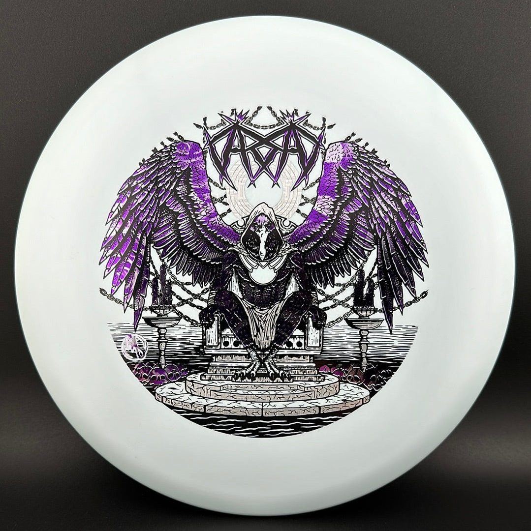 Disc golf disc ESP Glo Buzzz Karudi the Overseer by Rare Air Discs, featuring vibrant glow-in-the-dark design and detailed artwork.