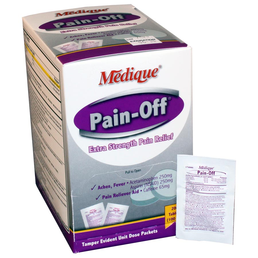 Box of Quakekits Extra-Strength Pain Relief medicine with 200 tablets, showing packaging and blister packs in the image.