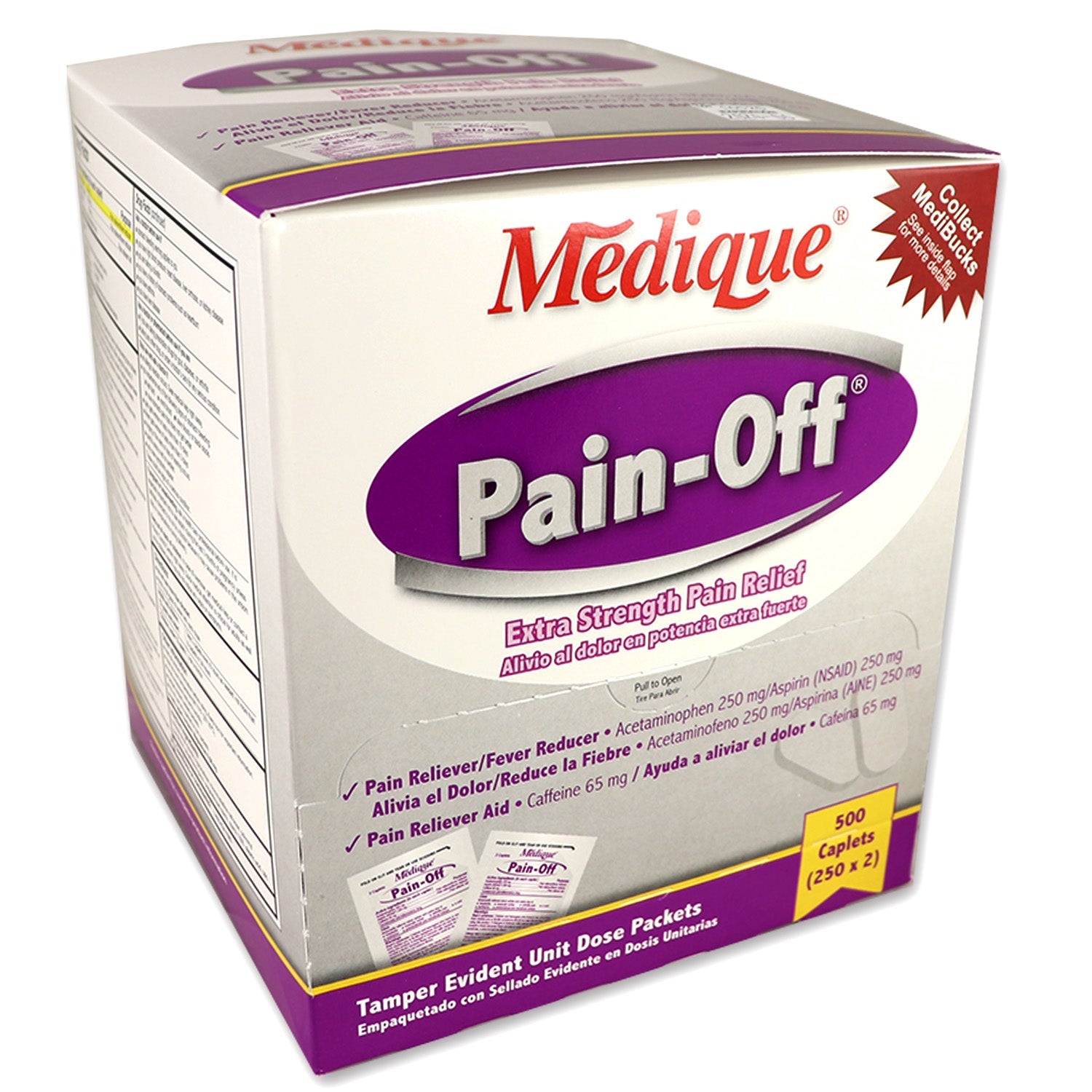 Box of Pain-Off Extra-Strength Pain Relief medicine with 500 tablets, featuring blister packs and packaging details.