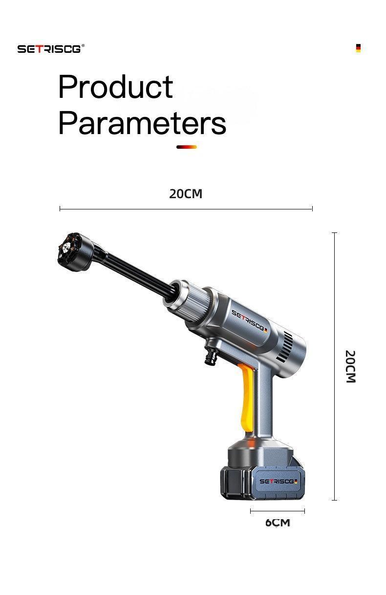 Bean's Moto Booth SETRISCG™ Cordless High-Pressure Vehicle Wash Machine for motorcycles, shown with nozzle and battery attachments.