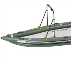 Backcountry Sportsman FishSkiff™ inflatable fishing boat with two-person swivel seat, shown on calm water with fishing gear.