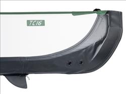 Backcountry Sportsman TC16 Travel Canoe inflatable canoe with three seats and electric pump, ready for outdoor water adventures.