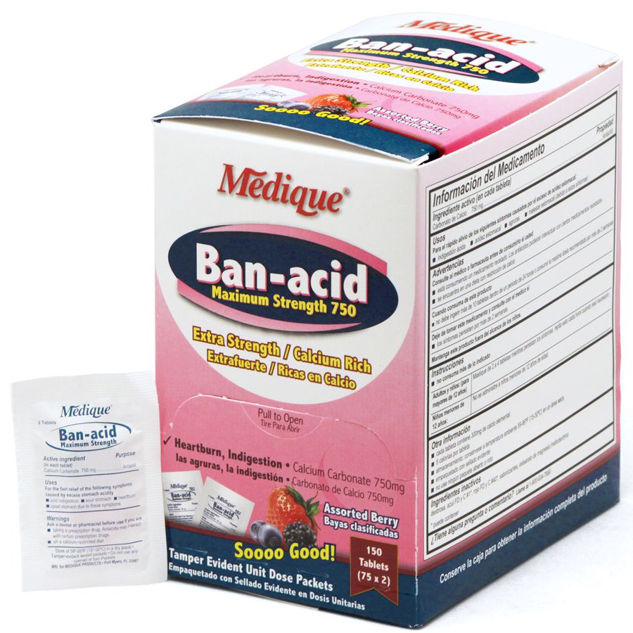 Box of Ban-Acid medicine by Quakekits with 150 tablets, featuring packaging and label details.