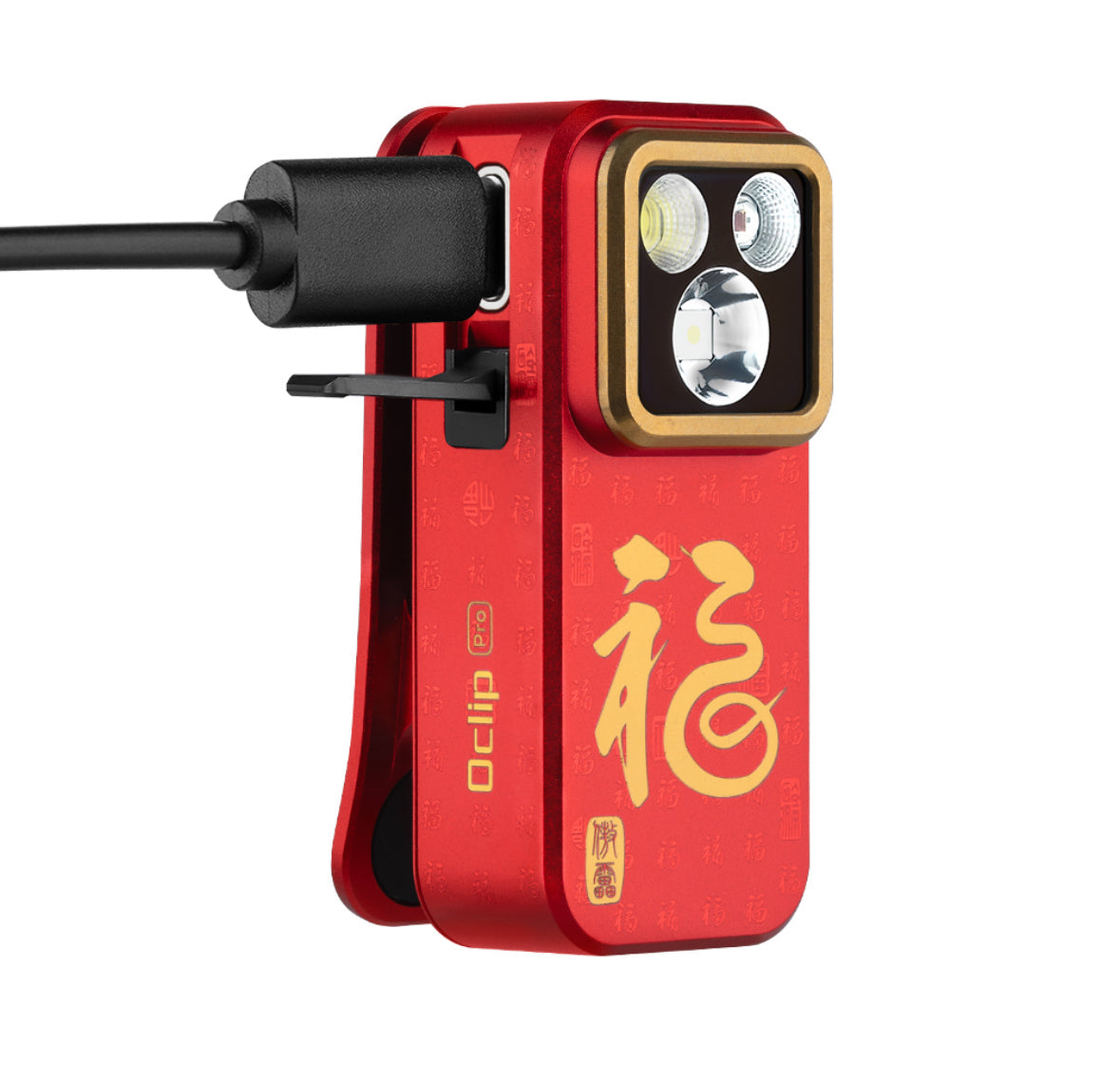 MUCITUP Olight Oclip Pro flashlight with clip, showing flood, spot, and red modes in four color options.
