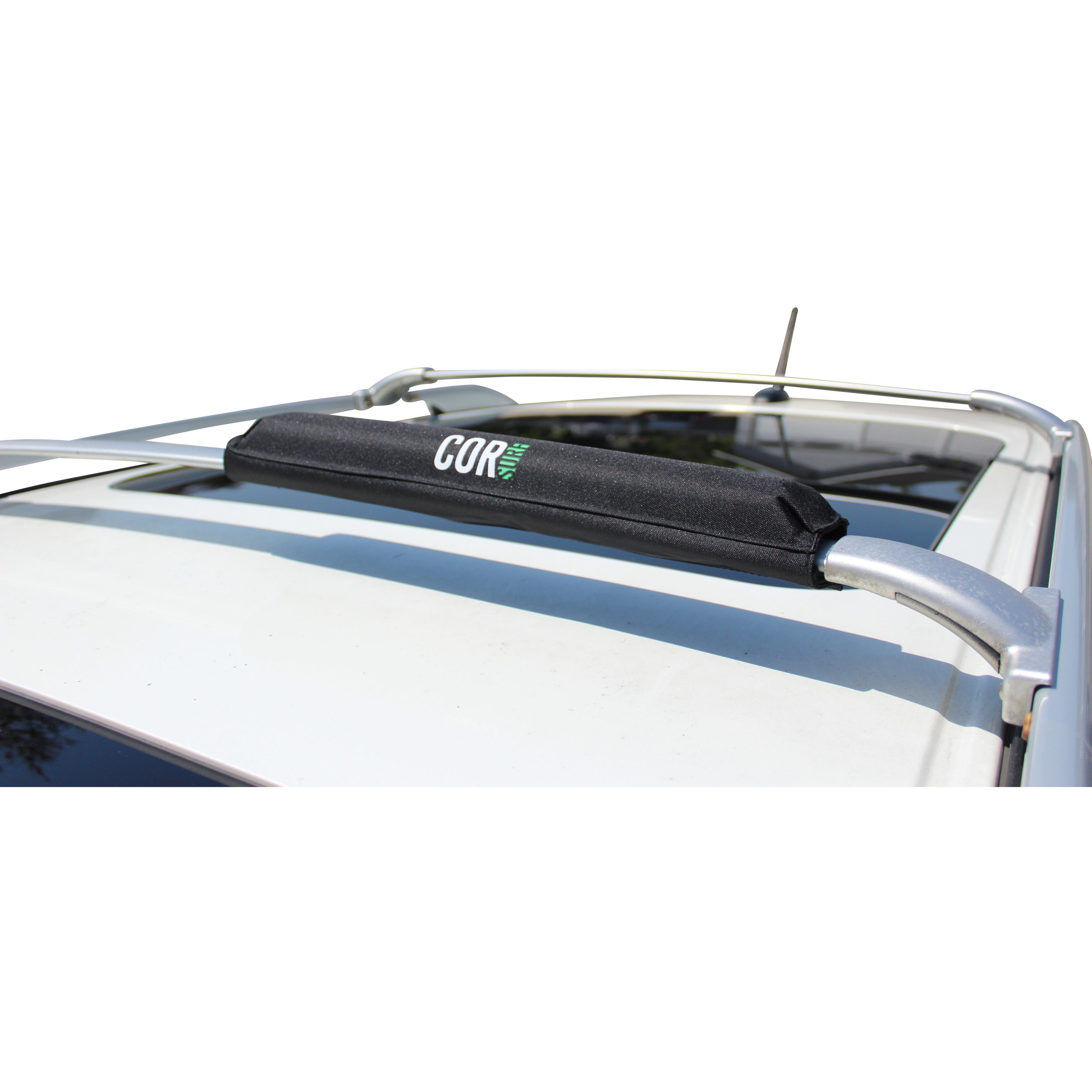 Black COR Surf Aero roof rack pad in 28-inch size for narrow flat bars, designed to protect and secure gear on vehicle roof.
