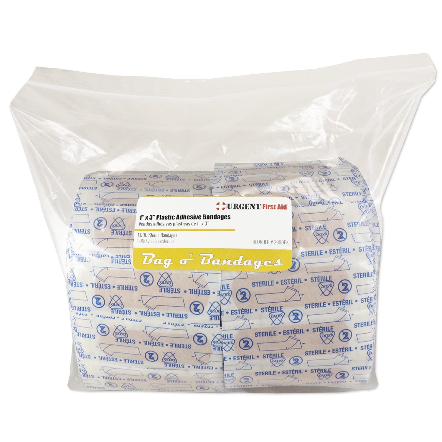 Assorted 1-inch by 3-inch adhesive plastic bandages in a box, ideal for first aid and wound care.