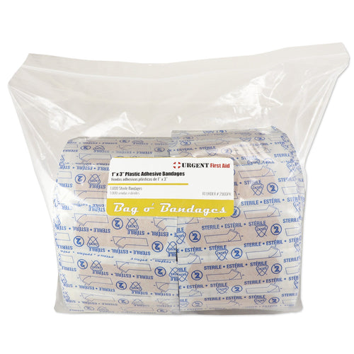 Assorted 1-inch by 3-inch adhesive plastic bandages in a box, ideal for first aid and wound care.