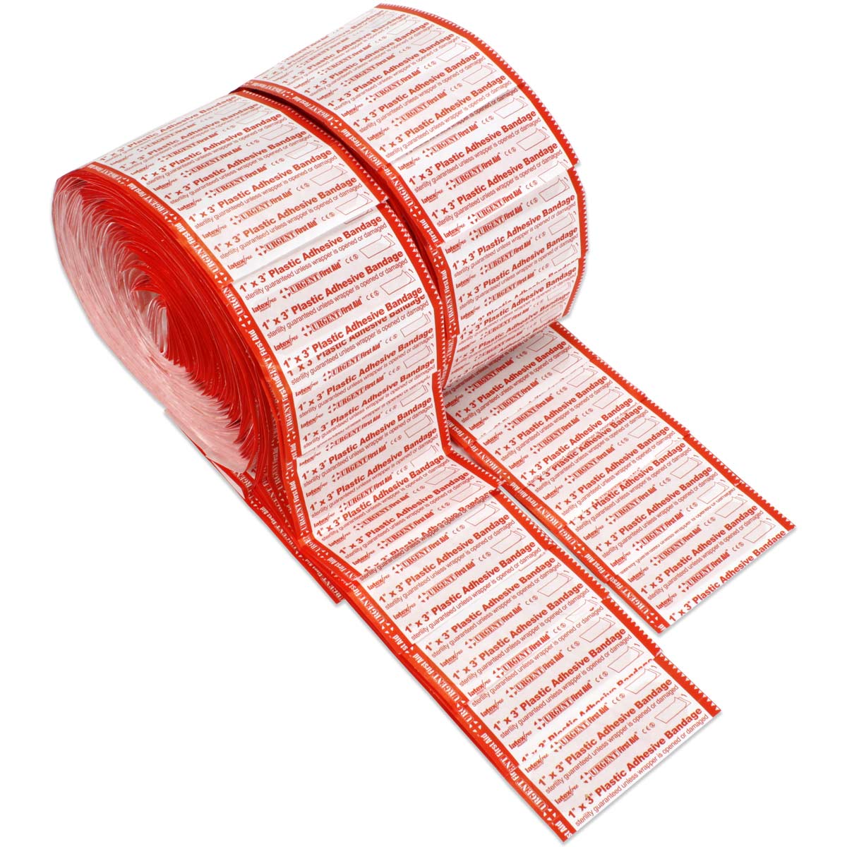 Pack of 1,000 1-inch by 3-inch plastic adhesive bandages for wounds, from quakekits.com, suitable for first aid and wound care.