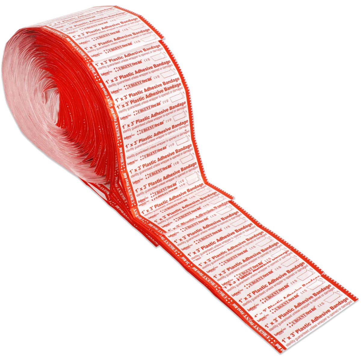 Assorted 1-inch by 3-inch plastic adhesive bandages from Quakekits.com, ideal for minor cuts and wounds.
