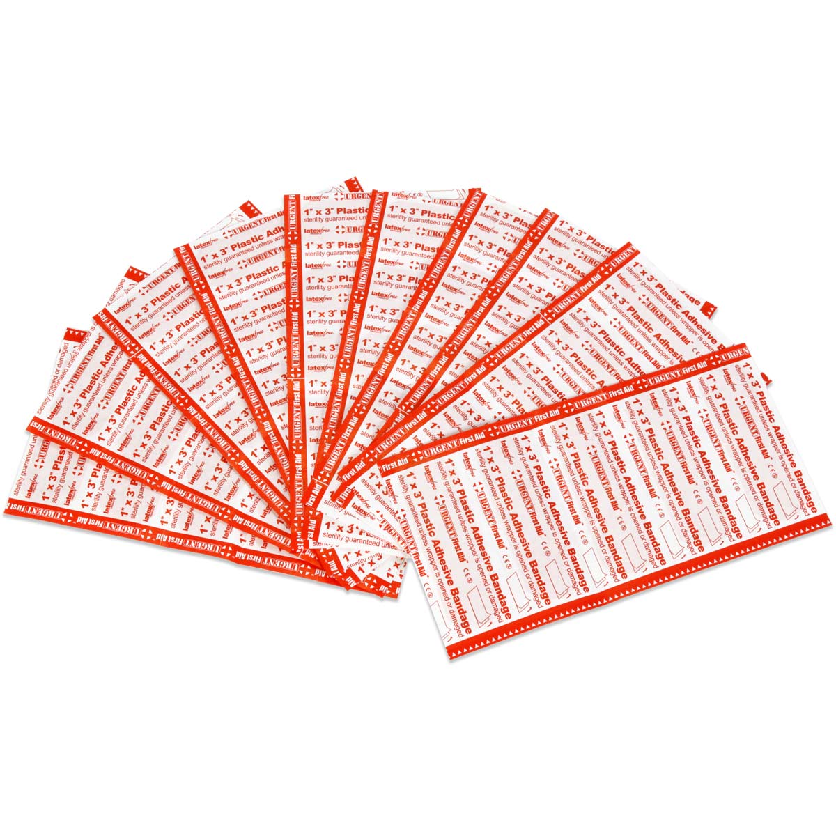Assorted 1-inch by 3-inch adhesive bandages with plastic strips, suitable for first aid wound care from quakekits.com