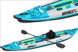 Backcountry Sportsman FastTrack V-bottom inflatable kayak, 385ft Pro Solo package, showing the bright orange kayak with V-shaped hull.