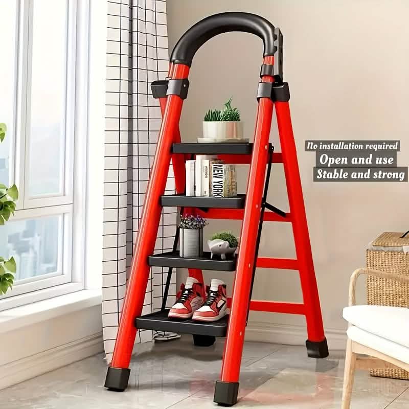 Portable steel folding 3/4-step ladder with anti-slip steps, ideal for kitchen use and versatile home tasks.
