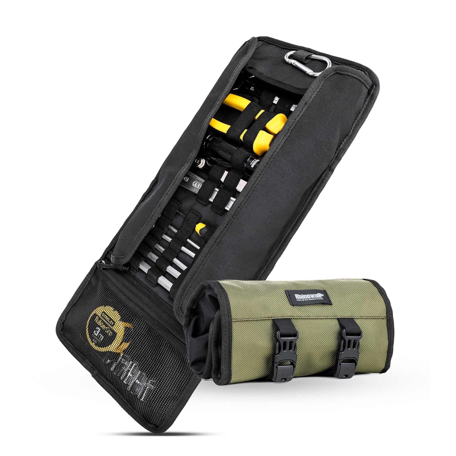 Bean's Moto Booth motorcycle tool storage bag with adjustable straps and zippered compartments for secure tool organization.