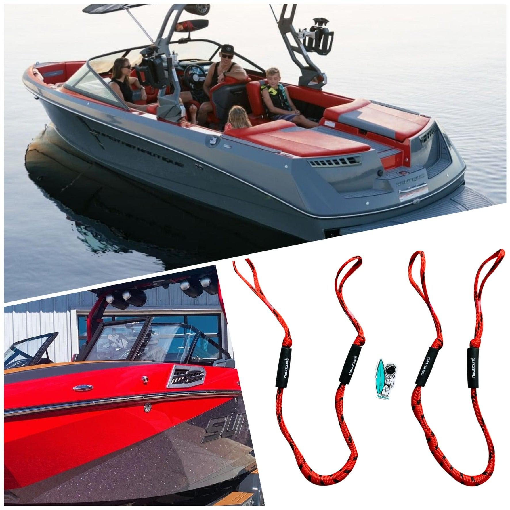 NautiCurl LLC shock-absorbing boat ropes, two bungee cords with hooks for marine watercraft and boat anchoring accessories.