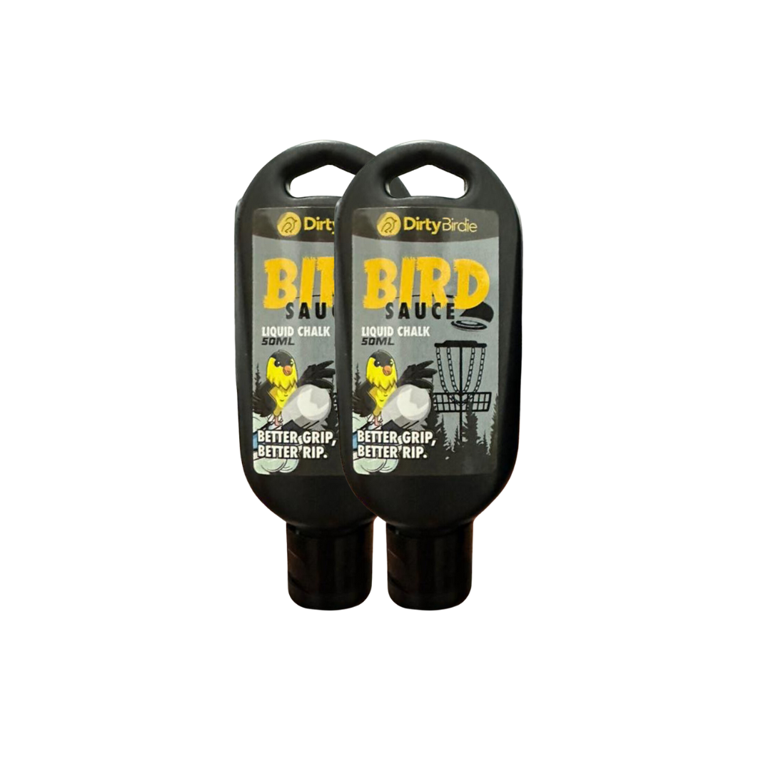 Two bottles of Dirty Birdie Bird Sauce featuring chalkboard-style labels, showcasing the flavorful sauce product.