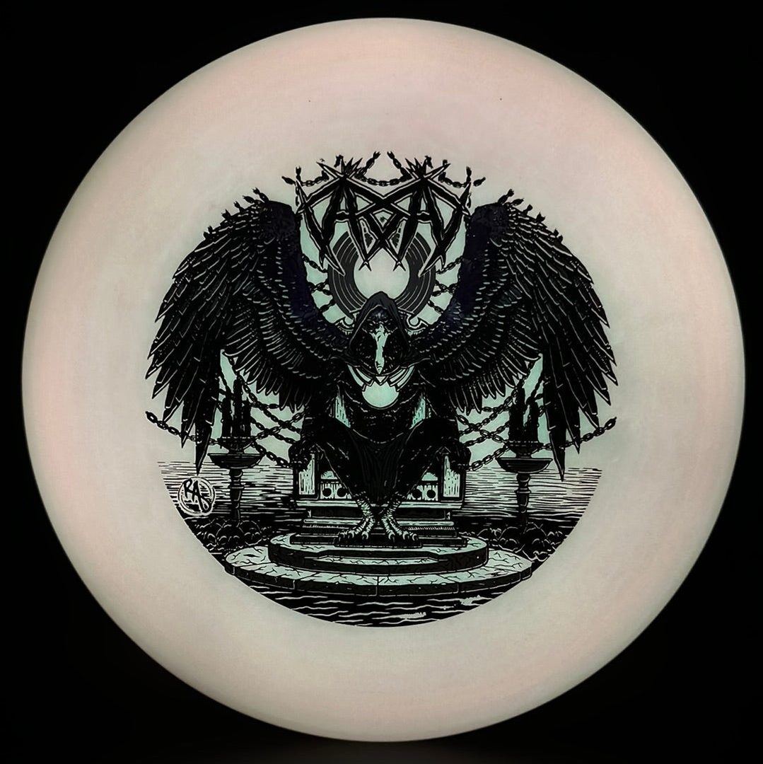 Rare Air Discs ESP Glo Buzzz disc golf disc featuring Karudi the Overseer design from Cult of RAD by Ripper Studios.