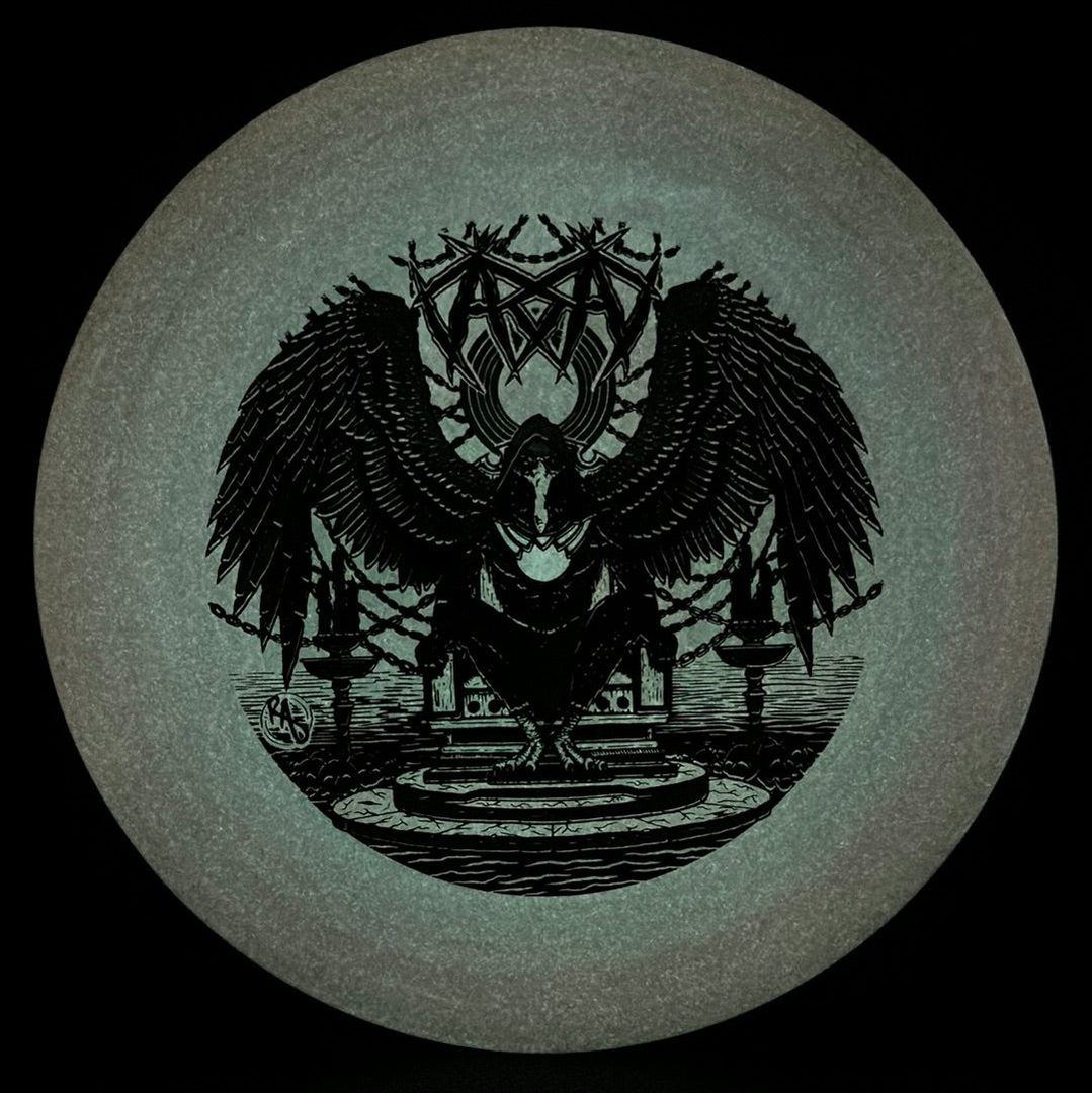 Rare Air Discs ESP Glo Buzzz disc golf disc featuring Karudi the Overseer artwork, bright glow-in-the-dark design, and detailed graphics.