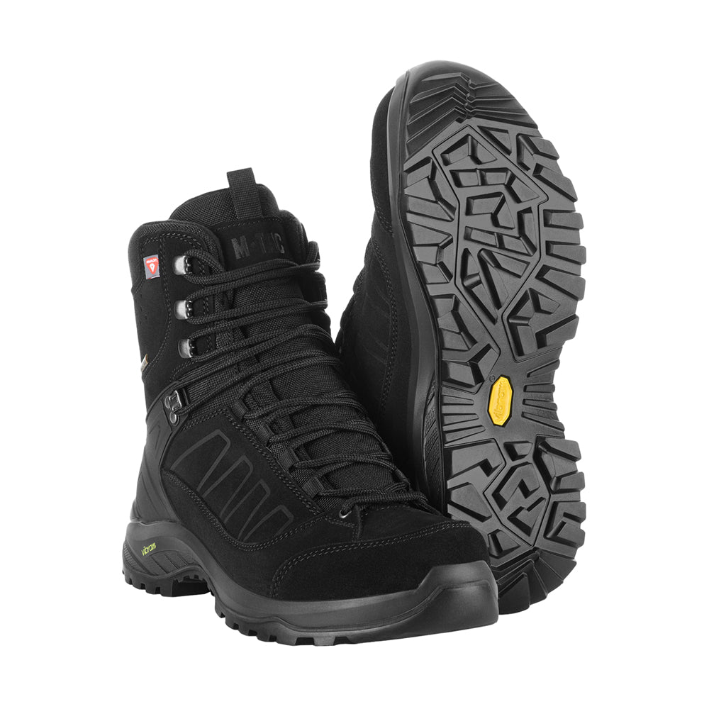 M-TAC tactical winter boots in black with rugged sole and reinforced ankle support, designed for outdoor and tactical use