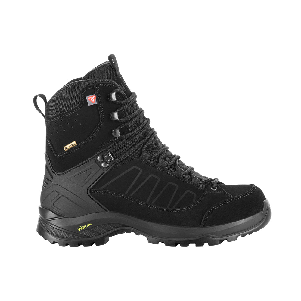 M-Tac tactical winter boots shown in black with rugged soles and ankle support, designed for outdoor and tactical use.