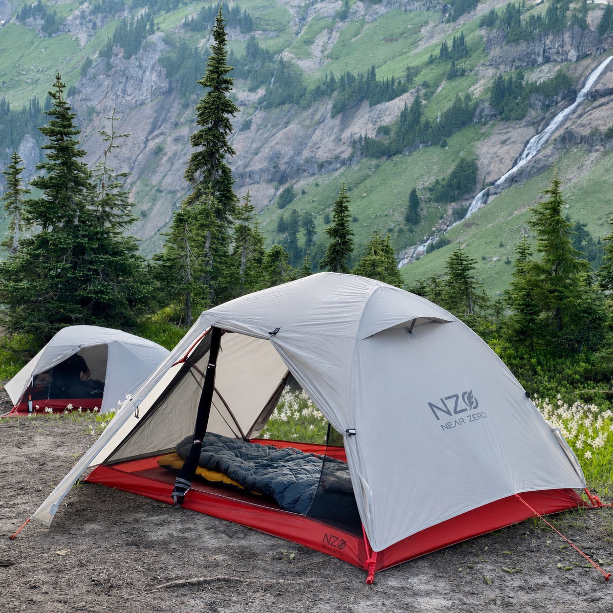 Near Zero Outdoor Gear 2P DynaLite Tent set up outdoors showing lightweight, durable camping tent with open rainfly and spacious interior.