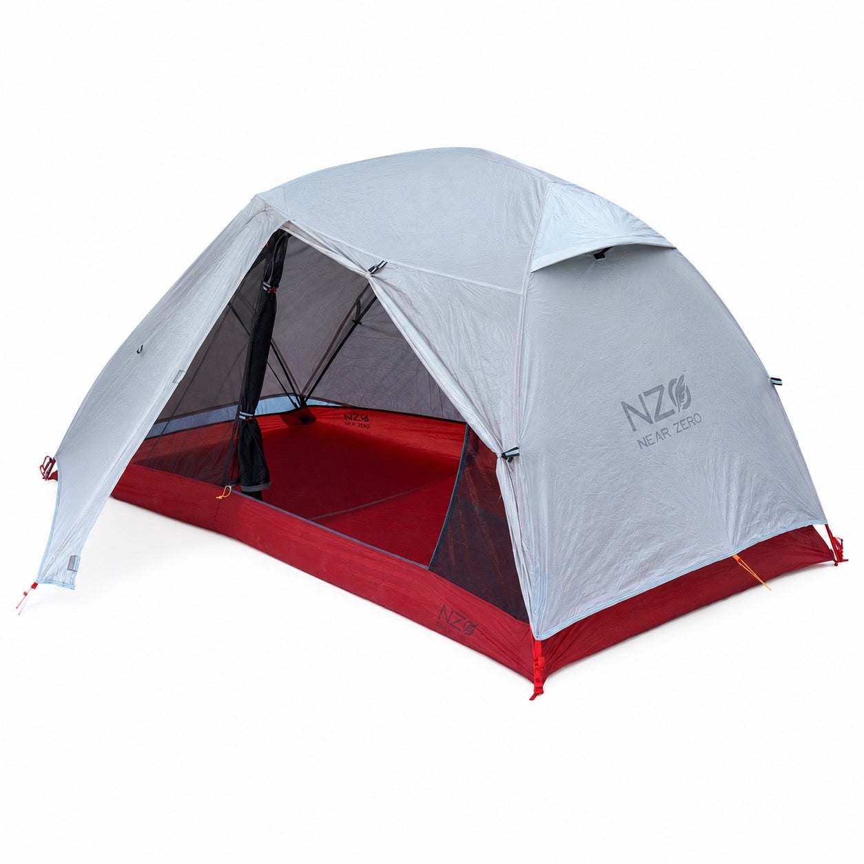 Near Zero Outdoor Gear 2P DynaLite Tent with rainfly and large vent, showcasing lightweight camping shelter for two.