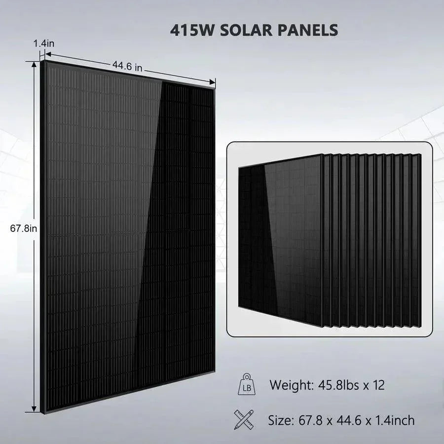 Green Vista Living off-grid solar kit with 14 415W solar panels and lithium battery, designed for server rack solar power solutions.