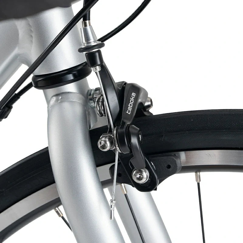 RockBros-US AERIX aluminum road bike, lightweight frame and drop handlebars, parked on a scenic road.