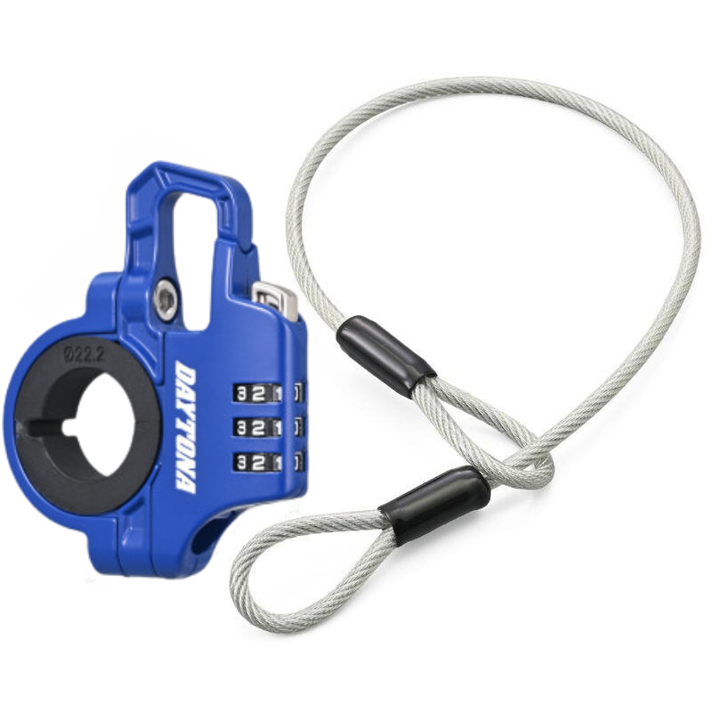 Bean's Moto Booth Daytona motorcycle handlebar helmet lock securing helmets with a sturdy lock mechanism on a motorcycle handlebar.