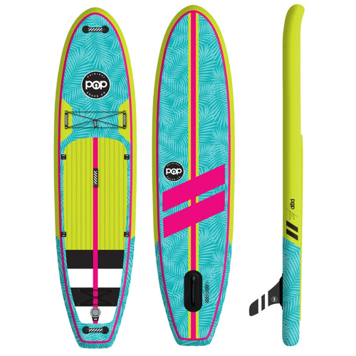 Backcountry Sportsman 11-foot Yacht Hopper paddleboard in mint, teak accents, and blue deck with a person paddling on the water.