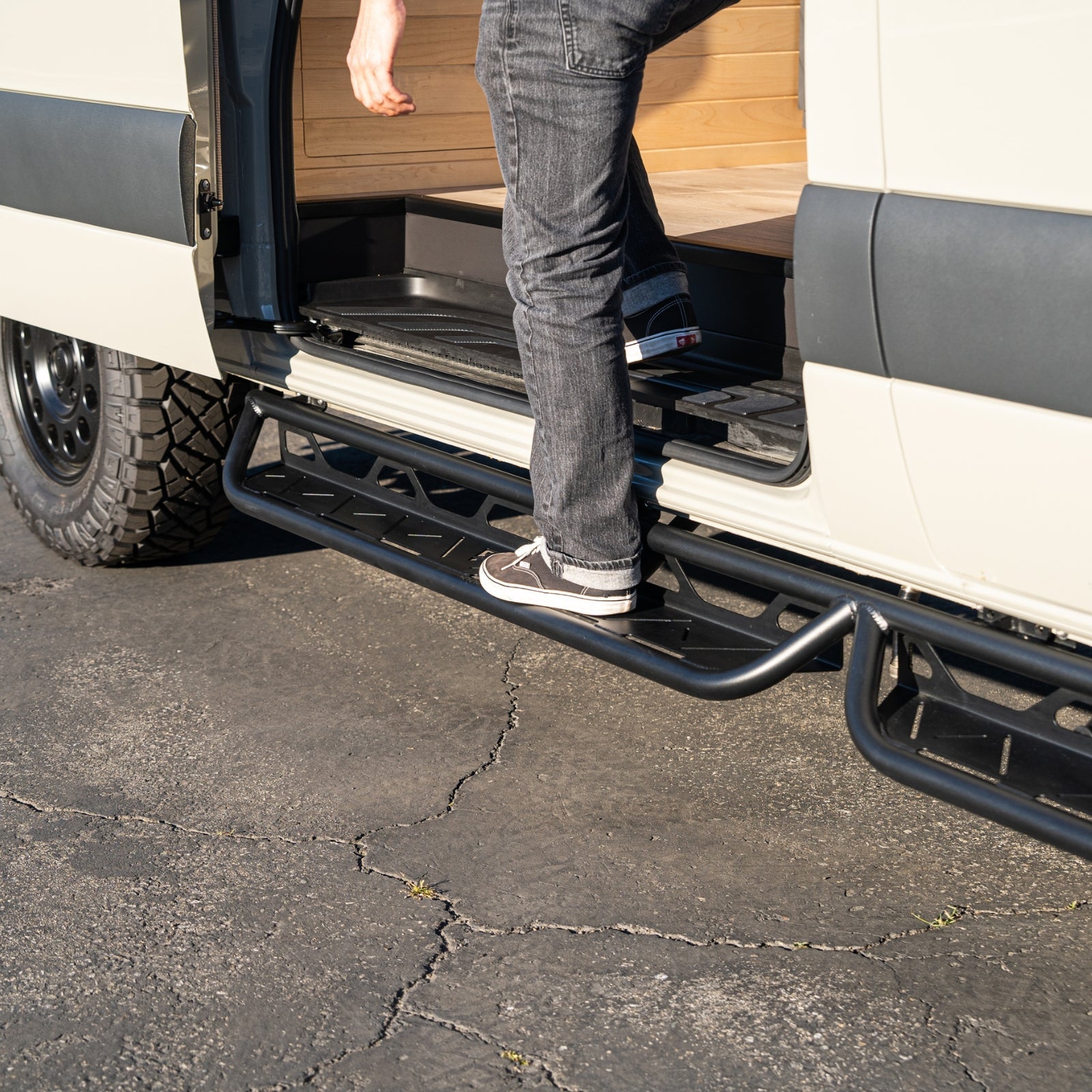 Vanspeed Sprinter side steps featuring a durable design, enhancing vehicle accessibility and exterior style.