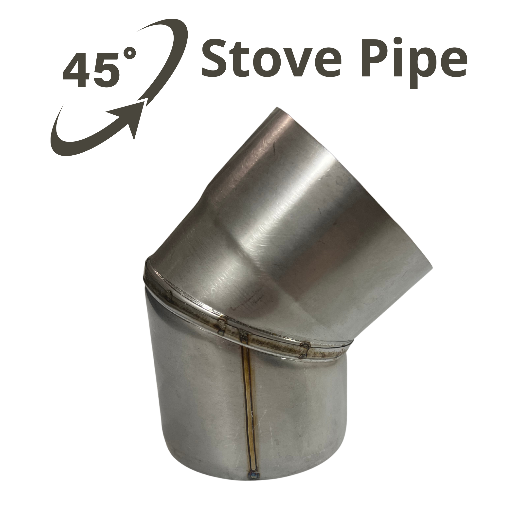 North Shore Sauna angled stove chimney pipe at 45 degrees, 3.5-inch diameter, showing the metal pipe with smooth finish and angled joint