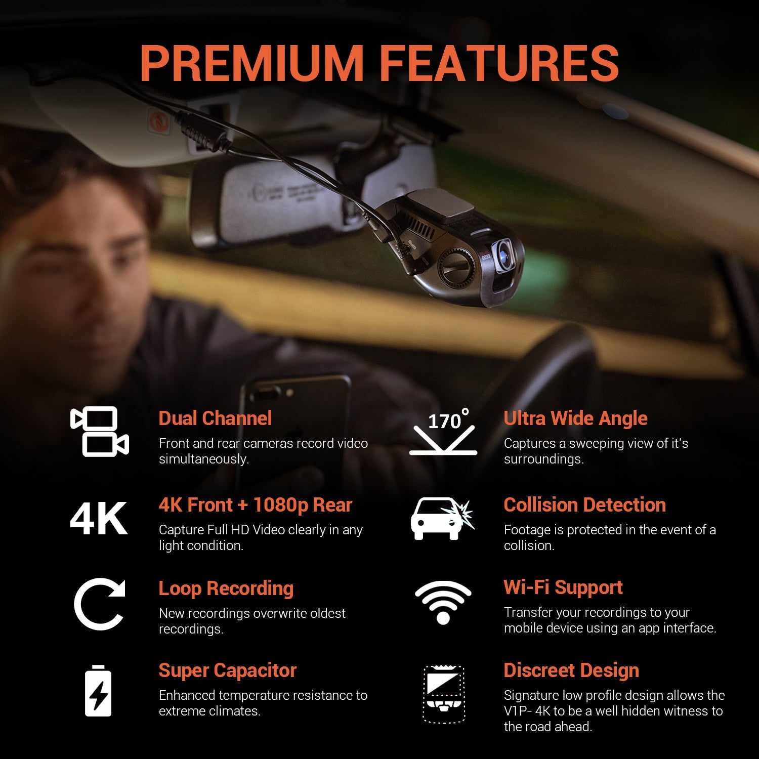Rexing V1P 4K dual channel dash cam showing front and rear cameras with Wi-Fi connectivity in a vehicle interior.