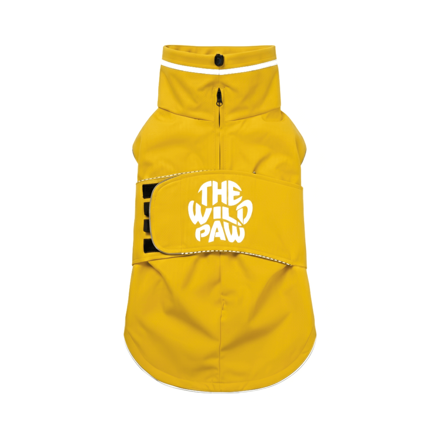 WildGuard rain coat by The Wild Paw, waterproof outdoor rain coat in vibrant yellow with adjustable hood and sealed seams.