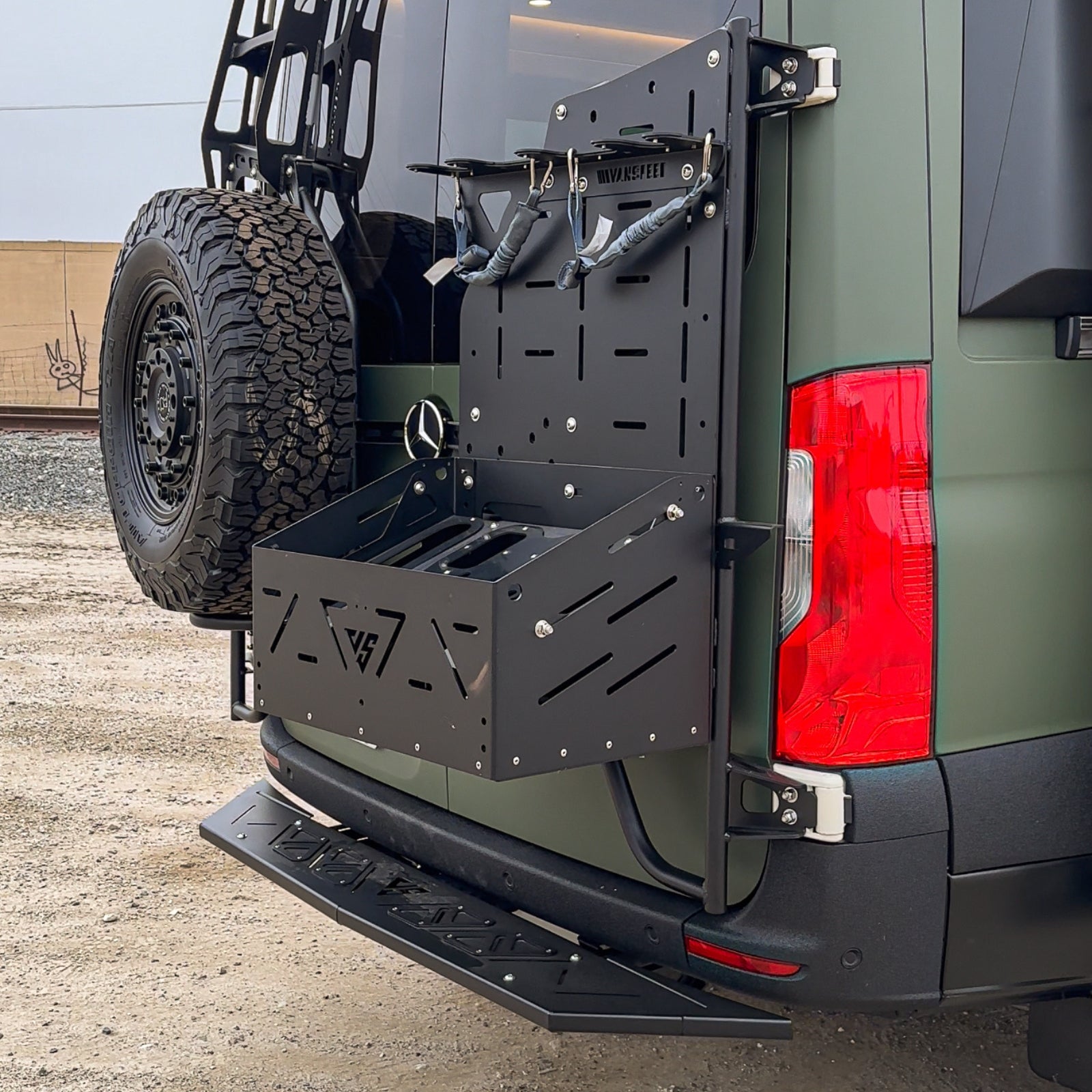 Sprinter Gondola Rack Bundle by Vanspeed exterior parts, showing two sturdy metal racks with mounting brackets on a vehicle.