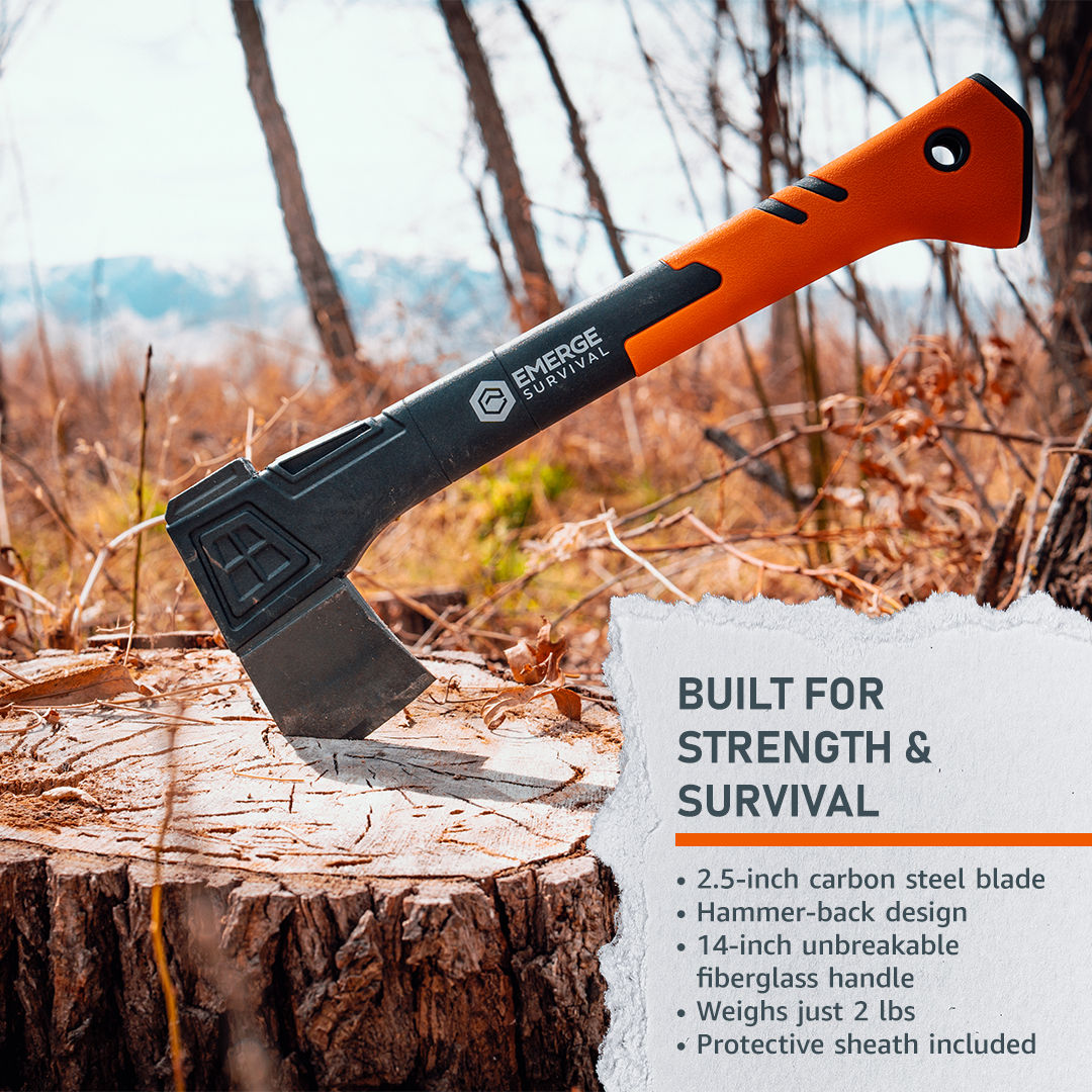 Emerge Survival hatchet with wooden handle and metal blade, ideal for camping, outdoor survival, and chopping tasks.