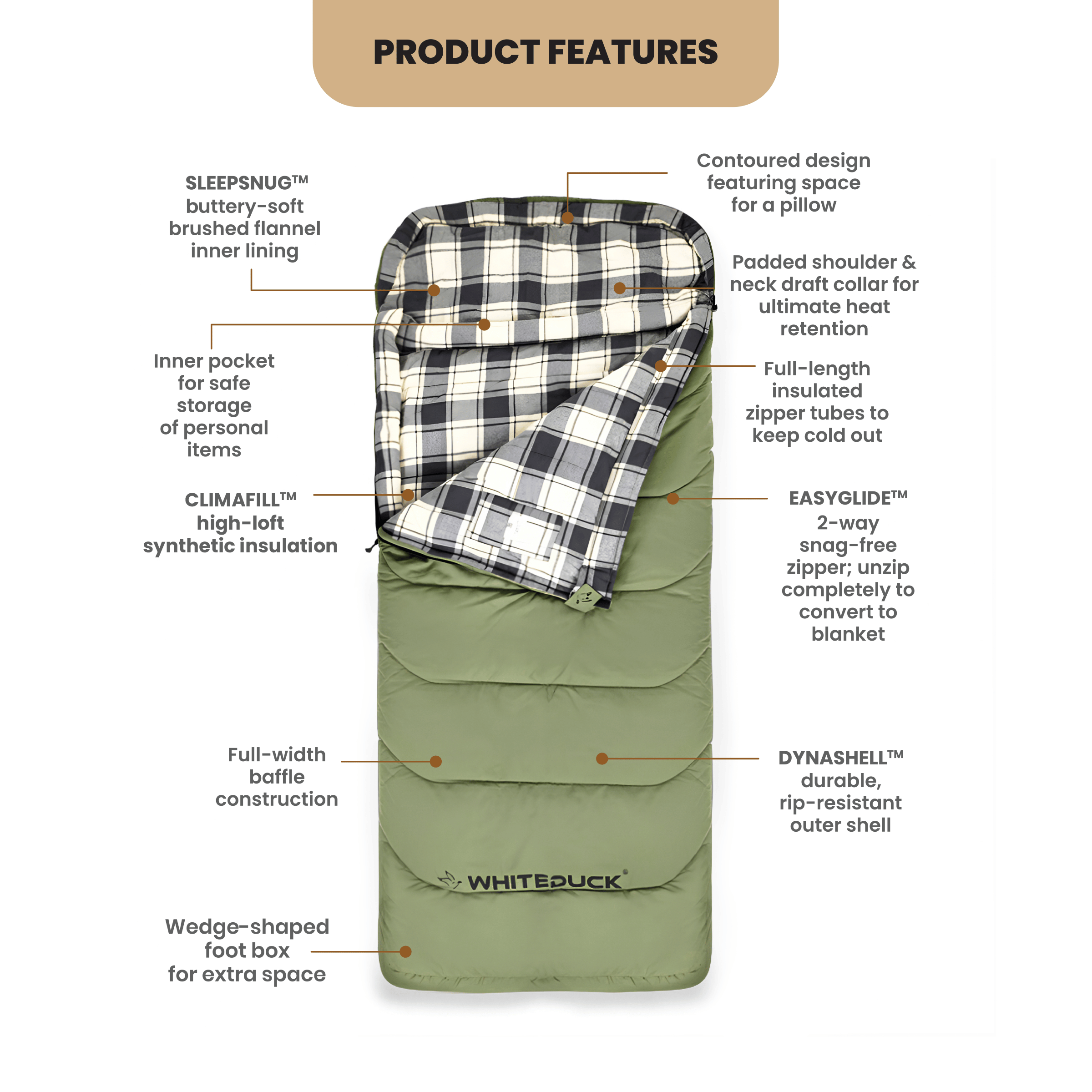 White Duck Outdoors Slumbernest™ sleeping bag spread open showing its insulated, lightweight design and durable outer shell.
