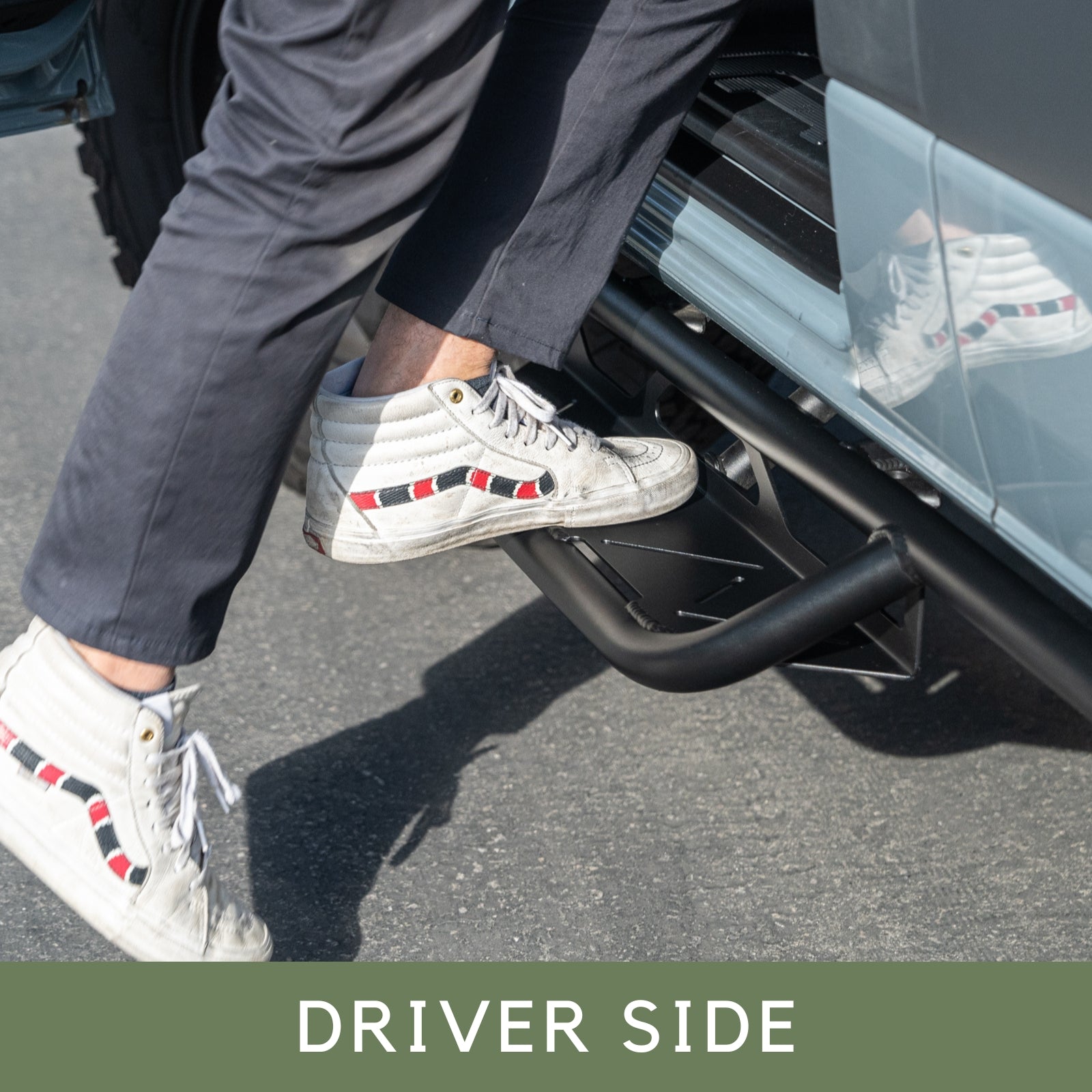 Vanspeed Sprinter side steps featuring a sturdy design, installed on a van for easy access and added style.