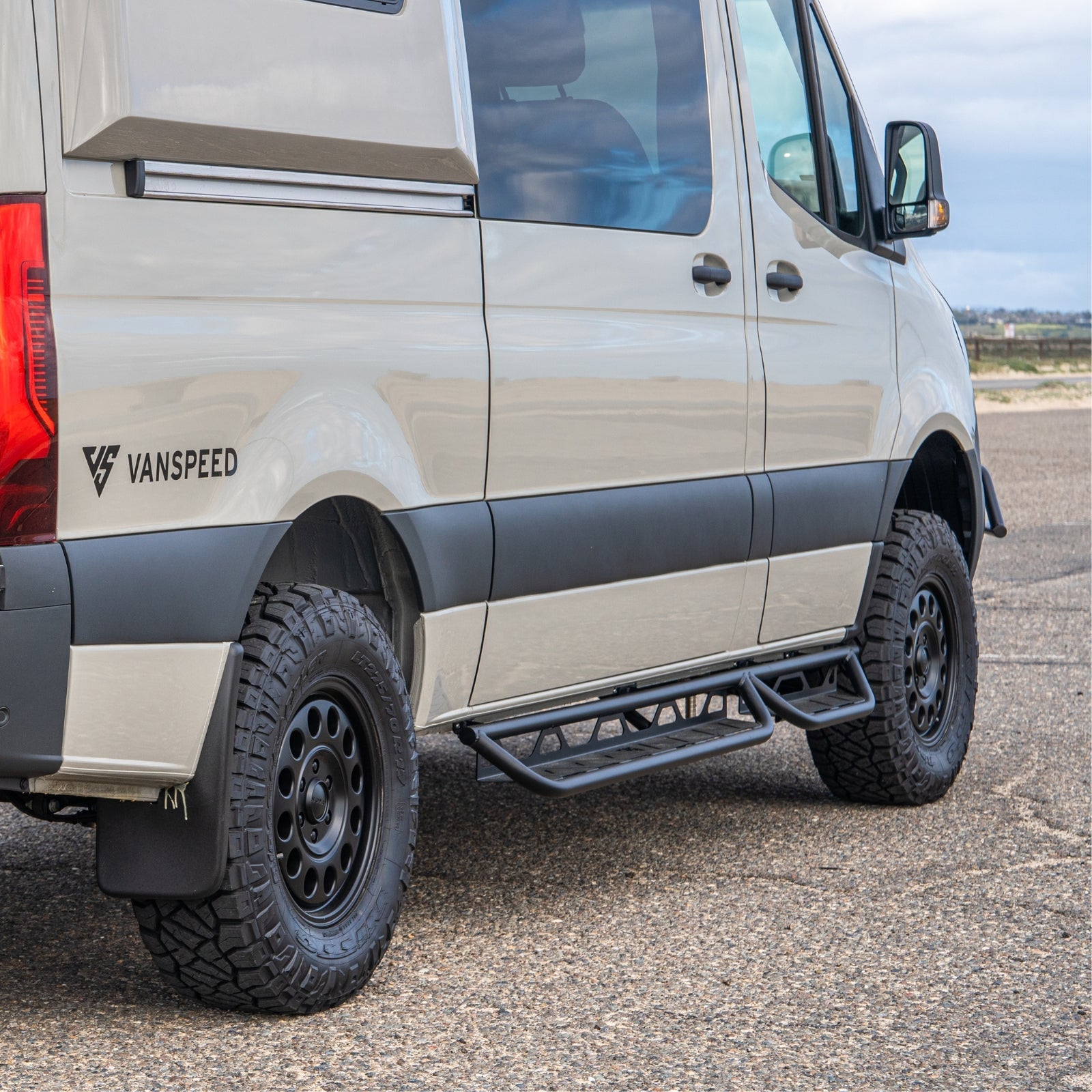 Vanspeed Sprinter side steps featuring a sturdy design, enhancing accessibility for van entry and exit.