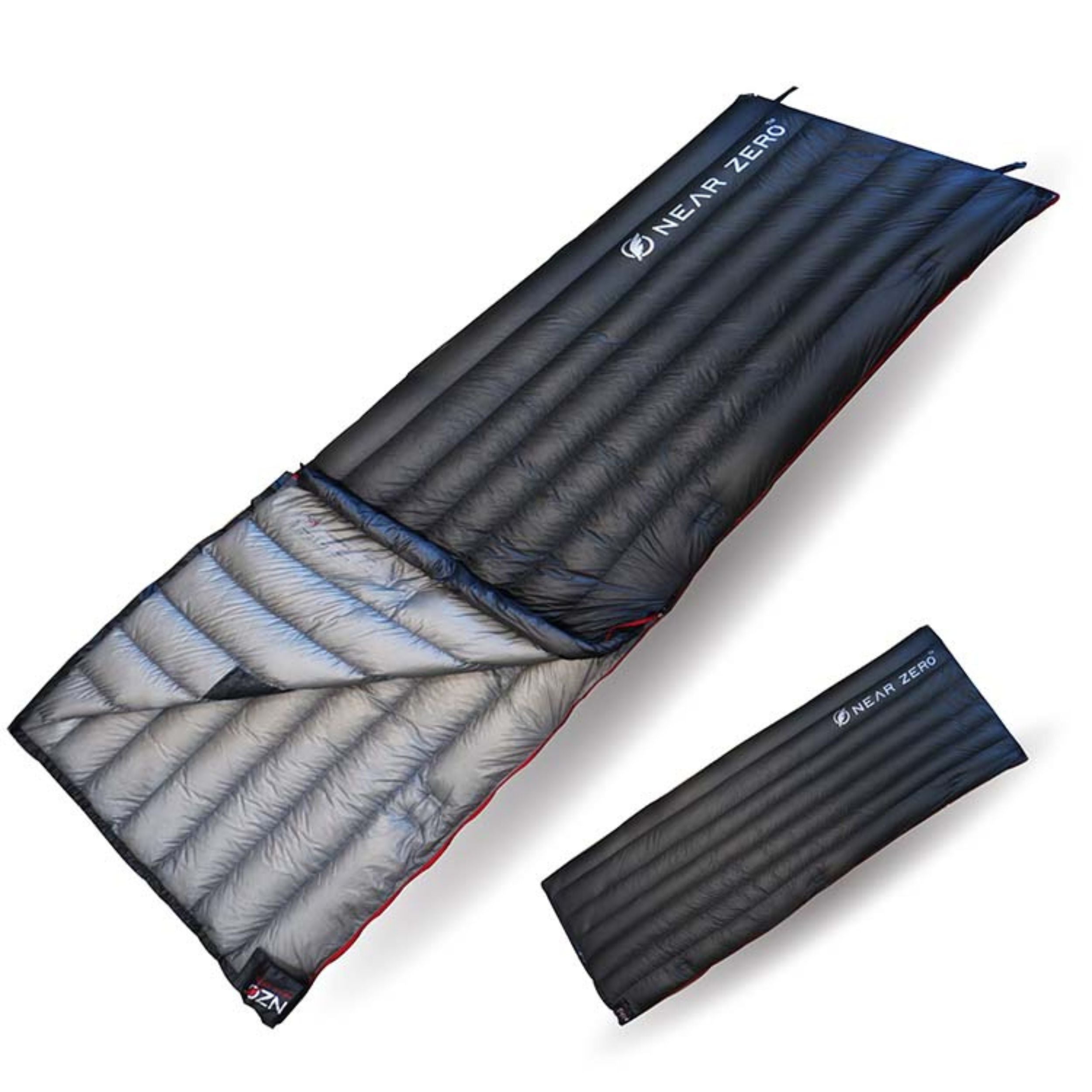 Near Zero Outdoor Gear QUILT ONE sleeping bag, showcasing its lightweight design and cozy interior in a camping setting.