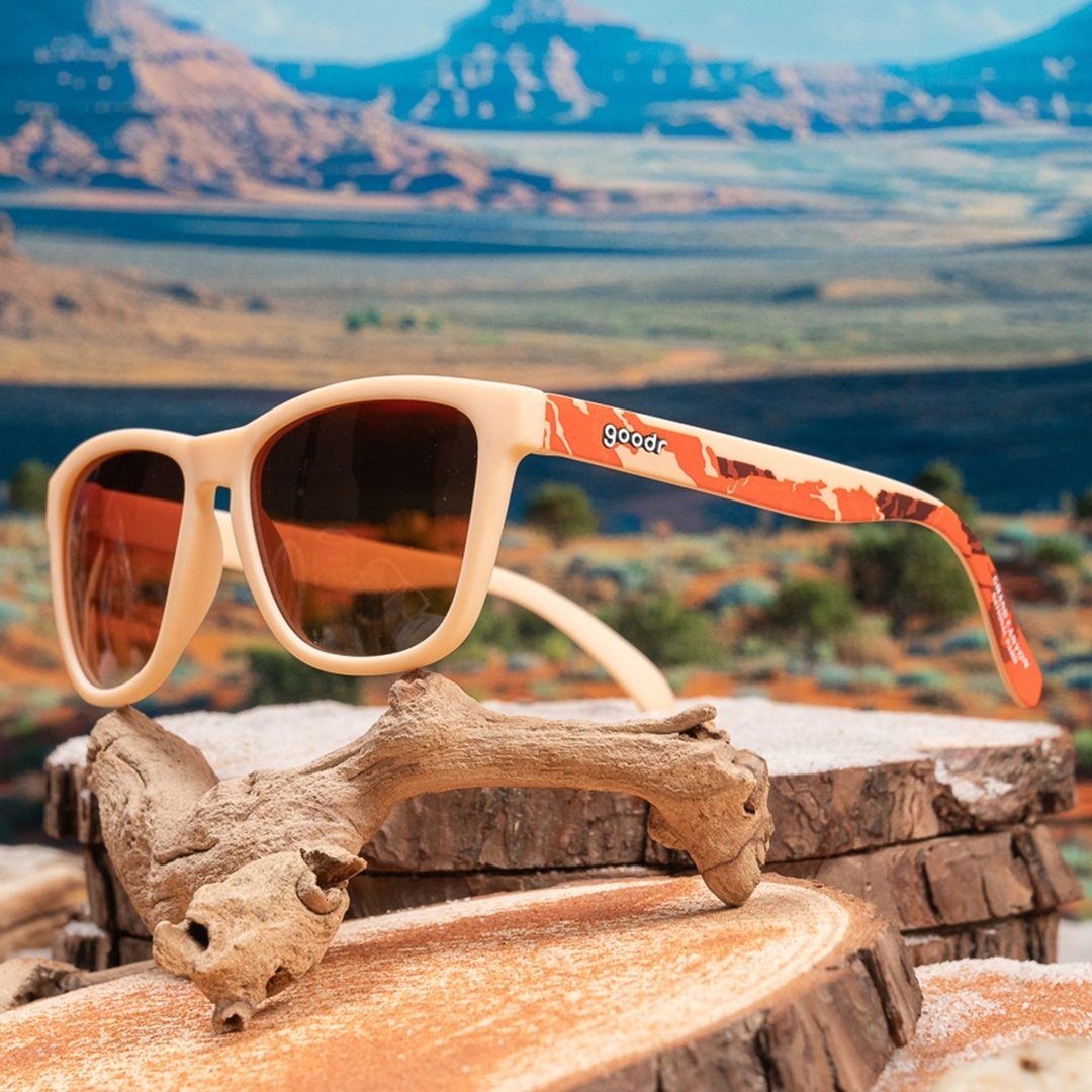Rare Air Discs Grand Canyon 2024 limited edition sunglasses with black frames and polarized lenses, outdoor lifestyle shot