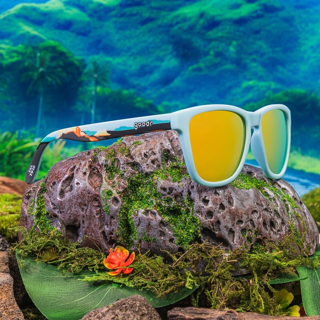 Pair of Rare Air Discs Hawaii Volcanoes Limited National Park OG polarized sunglasses with black frames and tinted lenses.
