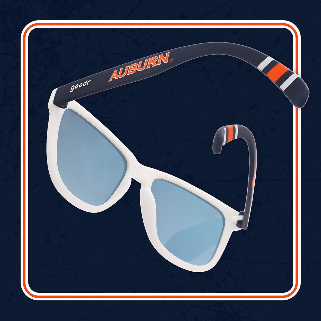 Auburn Bodda Getta Collegiate OG polarized sunglasses by Rare Air Discs, featuring stylish frames and tinted lenses in a lifestyle setting.