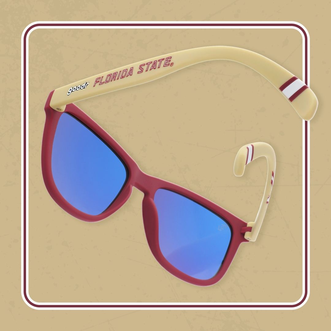 Rare Air Discs Florida State "Fear The Spear" OG polarized sunglasses with black frame and tinted lenses, displayed in a lifestyle setting.