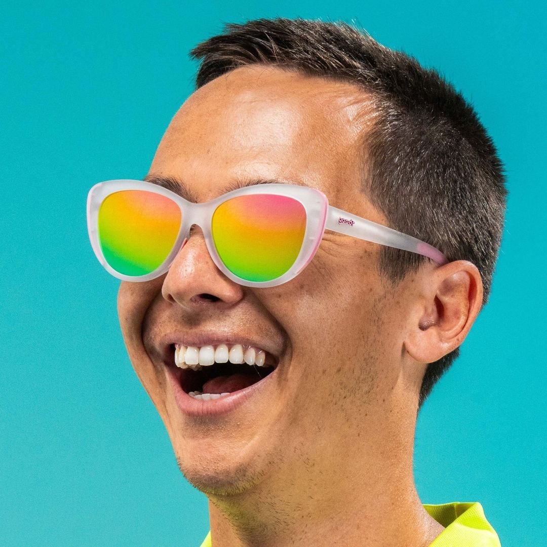 Rainbow Runway Ready Glam G polarized sunglasses by Rare Air Discs, stylish accessories with colorful lenses in a lifestyle setting.