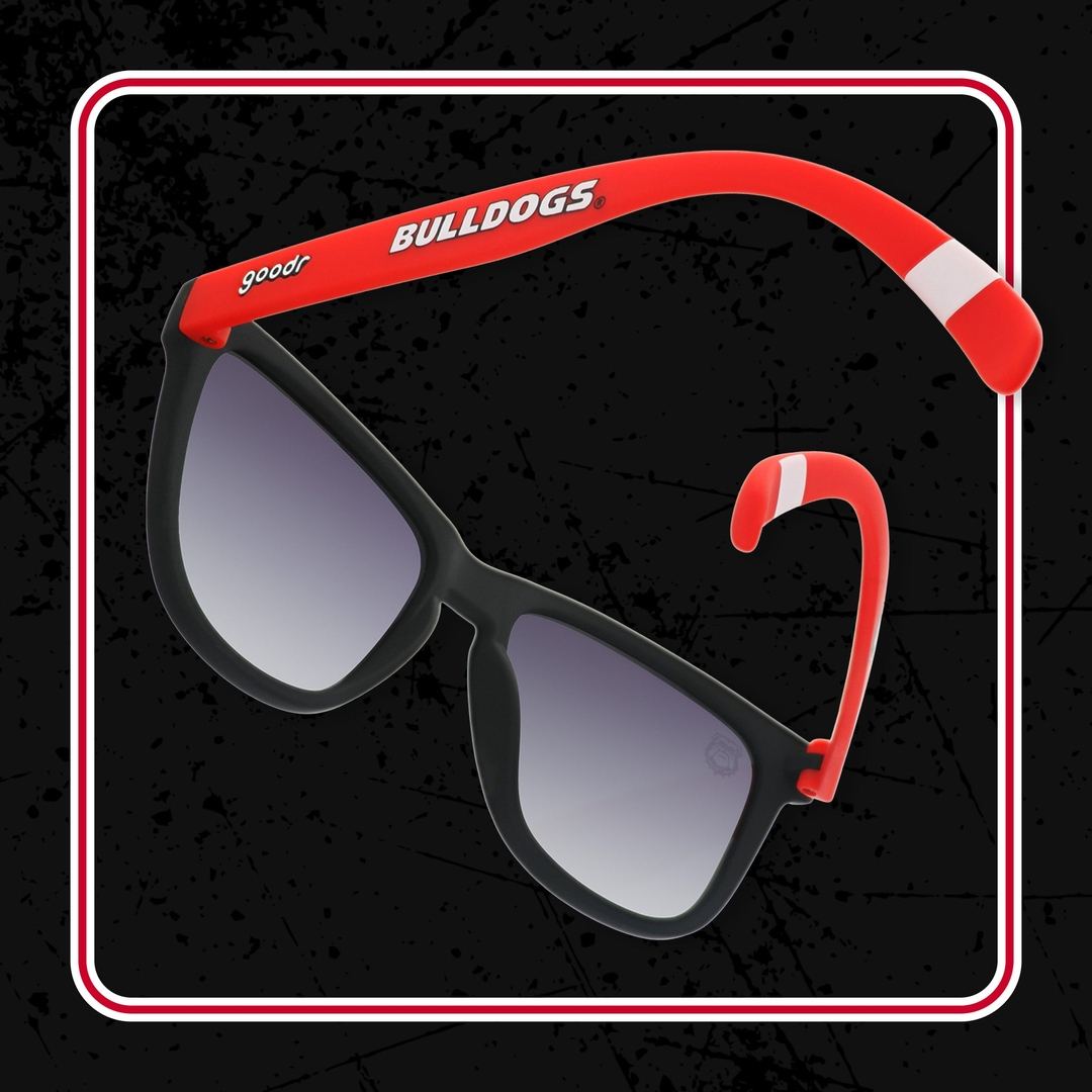 Georgia Collegiate OG Polarized Sunglasses by Rare Air Discs, stylish accessories with black frames and polarized lenses, worn outdoors.
