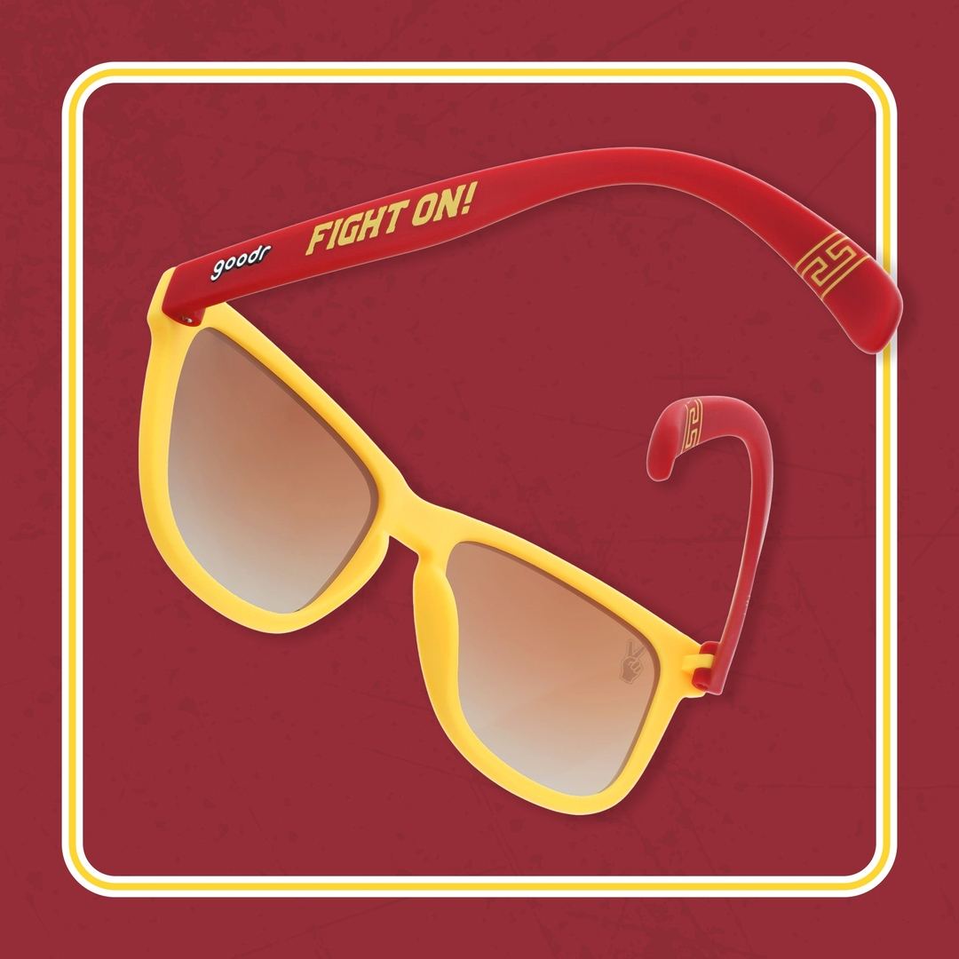 Rare Air Discs USC Collegiate OG polarized sunglasses, stylish accessories with black frames and tinted lenses, worn outdoors.