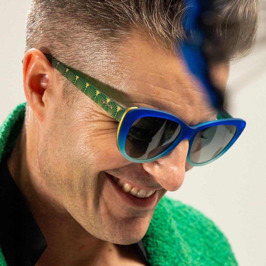 Rhonda's Peacock Palace Glam G polarized sunglasses from Rare Air Discs, stylish accessories with colorful peacock design.