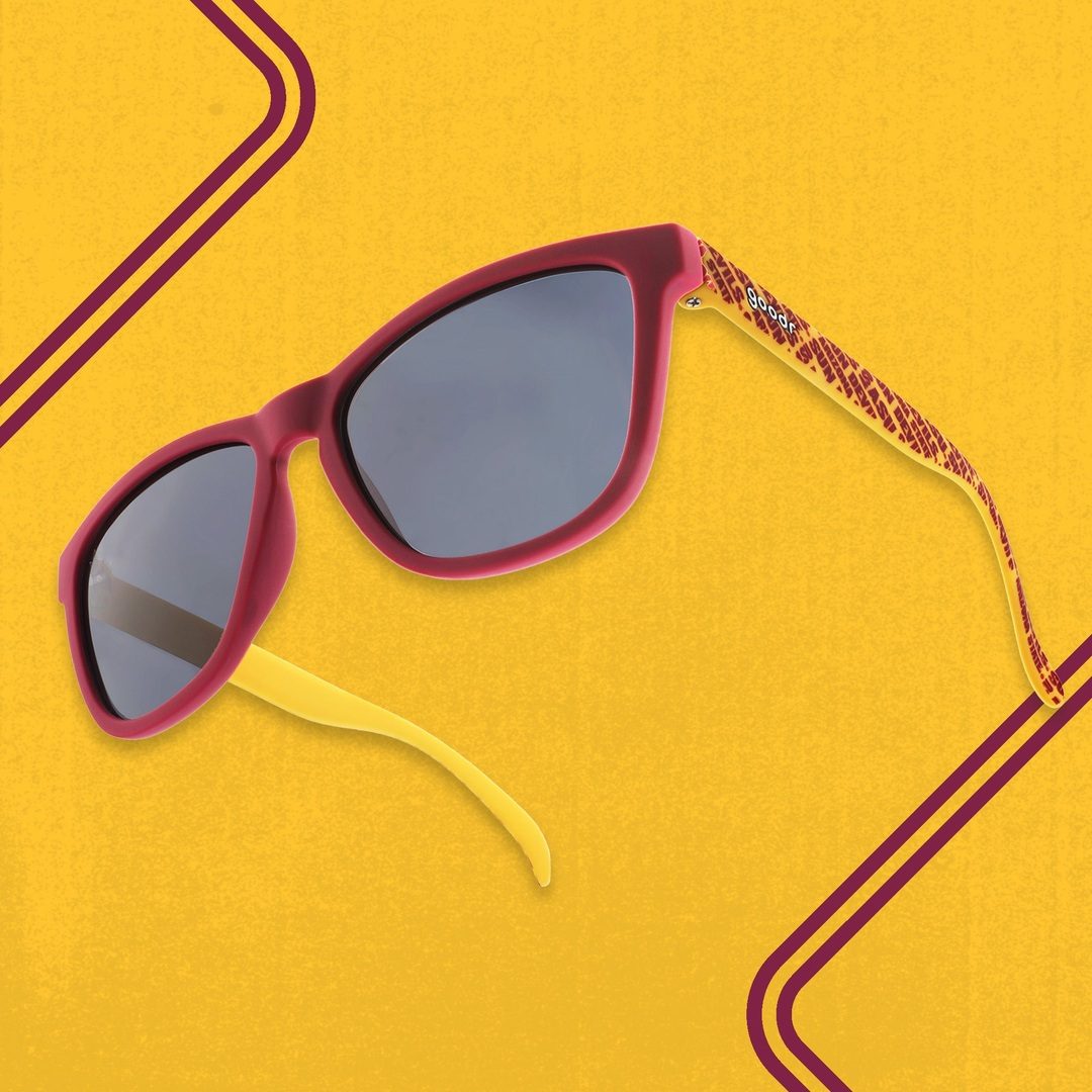 Rare Air Discs polarized sunglasses from the "Forks Up, Sunnies On" ASU Collegiate collection, shown in lifestyle setting.